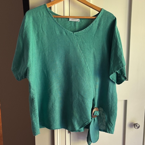 M Made In Italy Tops - Italian Teal Green Linen-Blend Short Sleeve Top with Side Ring Tie